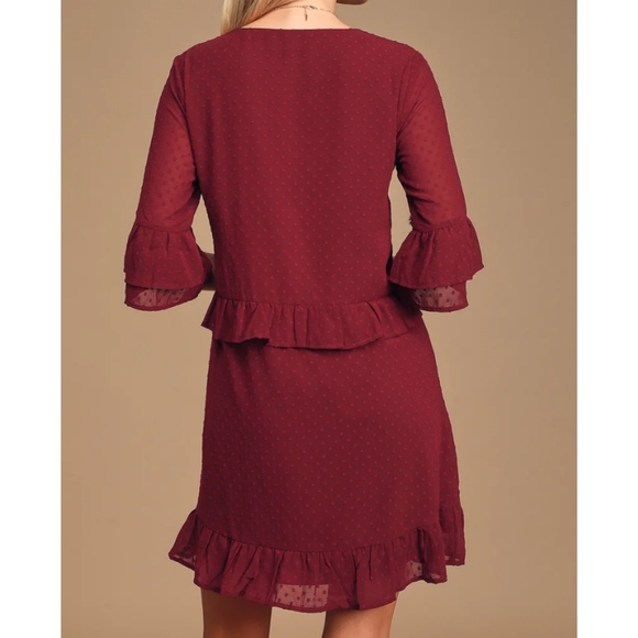 Lulu's Daydream Wine Red Swiss Dot Ruffled Dress XS - Picture 3 of 14